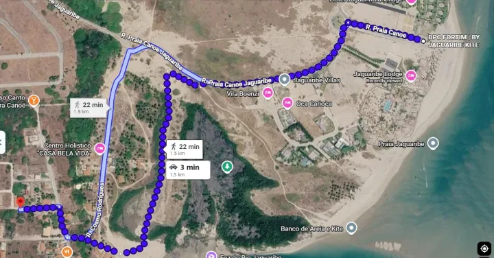 Mapa do caminho da Barra Beach House até o DPC Fortim: 22 minutos a pé ou 3 minutos de carro